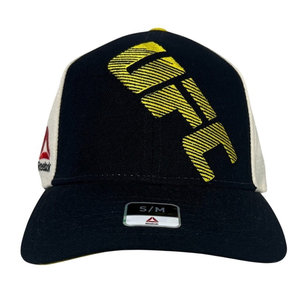 Reebok UFC Noble Fight Superflex Fitted Hat Black Cream Yellow‎ S/M New